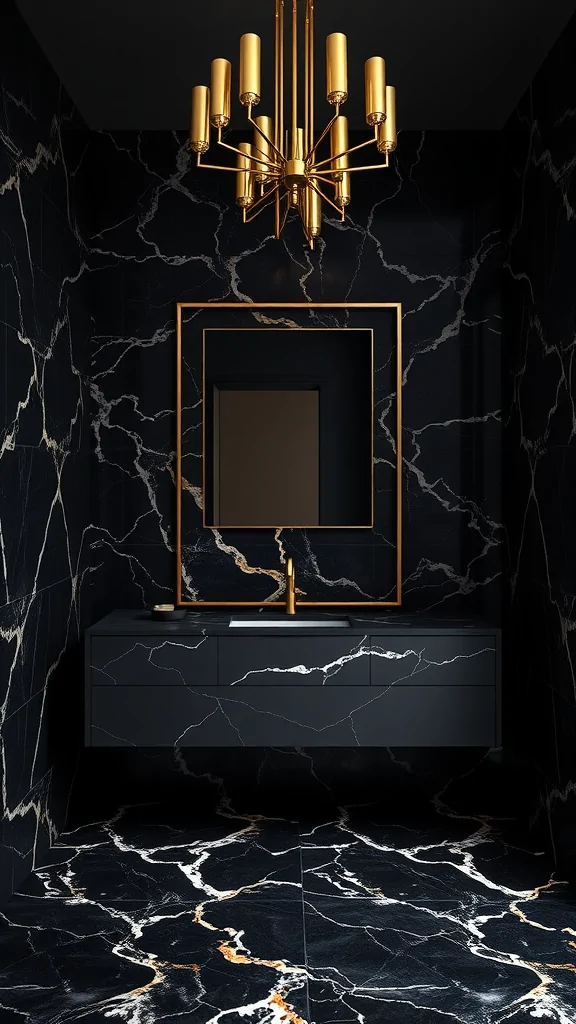 Luxurious black marble bathroom with gold accents and modern fixtures.