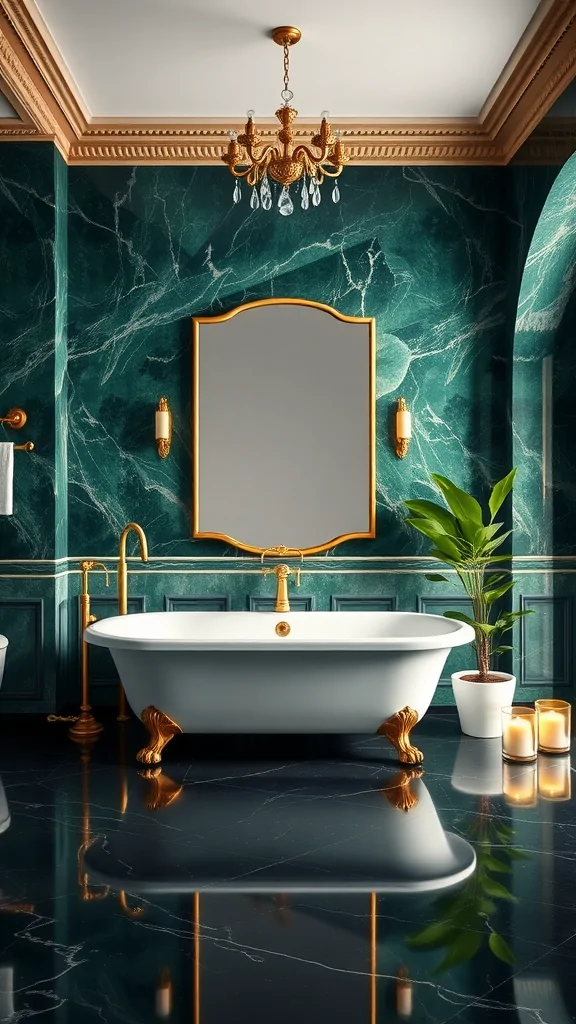 A luxurious Italian bathroom featuring green marble walls, gold accents, a freestanding bathtub, and soft candlelight.