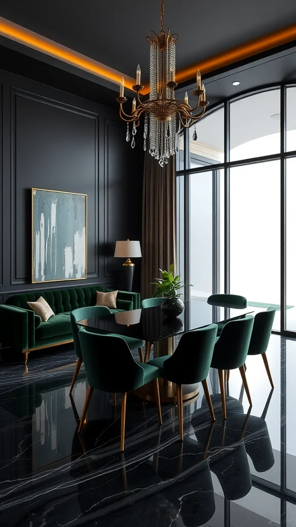 A luxurious small living room and dining room combo featuring a dark color scheme, modern chandelier, and elegant furniture.