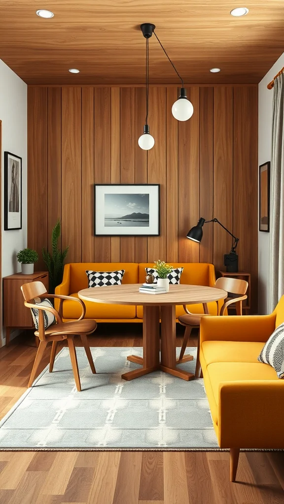 A small living room and dining room combo with mid-century modern furniture featuring bright orange seating and a round wooden table.