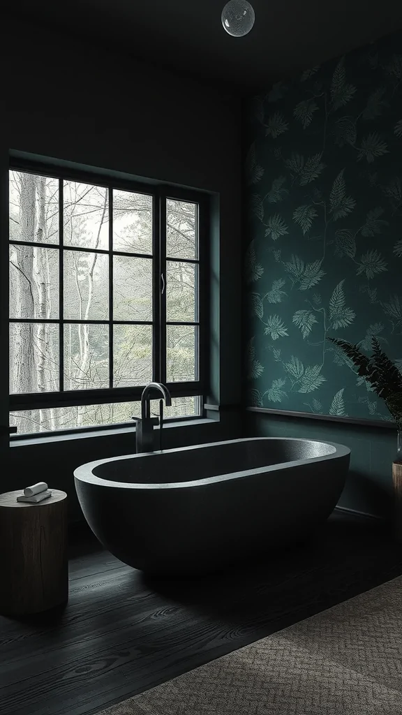 A stylish dark bathroom featuring a modern oval bathtub, leafy wallpaper, and a large window showing a forest view.