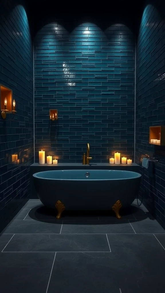 A midnight ocean-inspired bathroom with deep blue tiles, a freestanding bathtub, and flickering candles.
