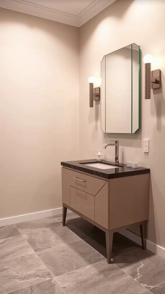 Minimalist Art Deco bathroom with a sleek vanity, modern lighting, and simple decor.