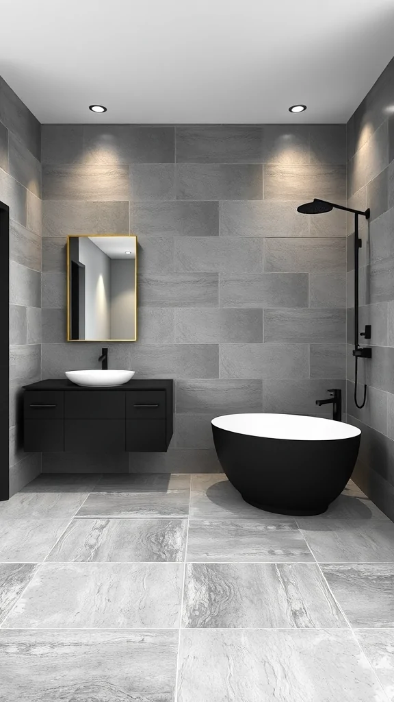 A modern Italian bathroom featuring grey stone walls, a black and white freestanding bathtub, and a minimalist vanity.