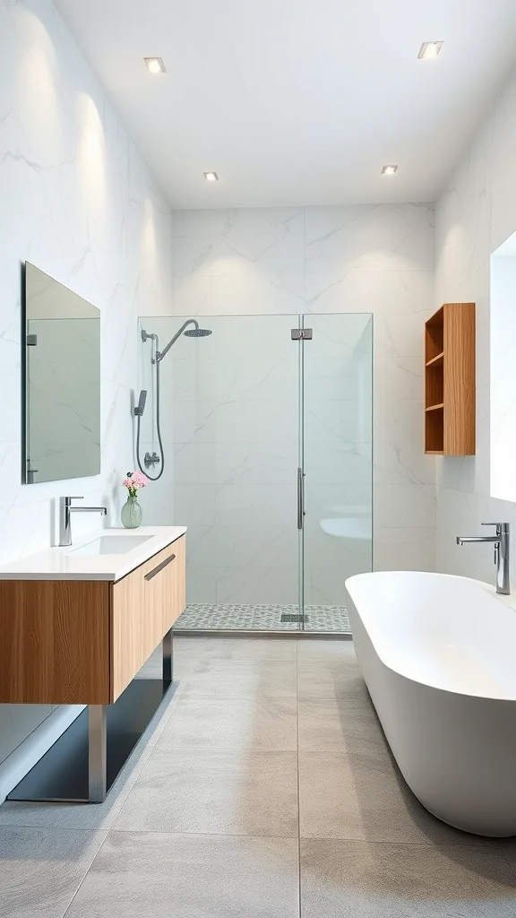 A modern Italian minimalist bathroom featuring a glass shower, a wooden vanity, and a freestanding bathtub.