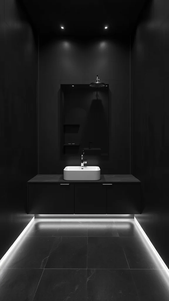 A modern minimalist dark bathroom featuring black walls, a white sink, and subtle lighting.