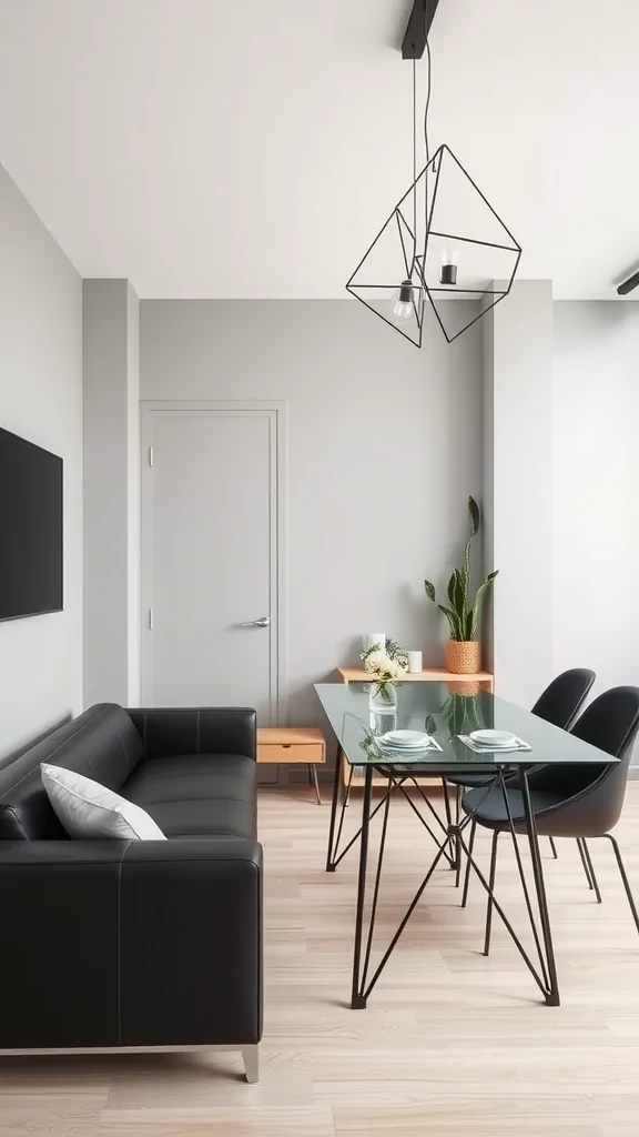 A modern minimalist living and dining room combo featuring a black sofa, glass dining table, and simple decor.