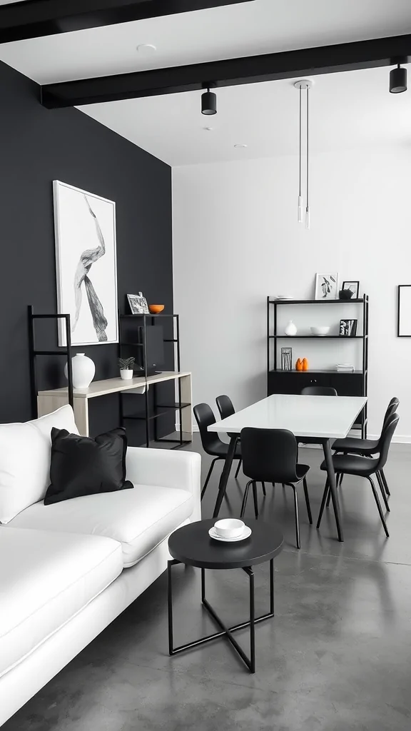 A modern small living and dining room with monochrome decor featuring a white sofa, black furniture, and a clean dining table.