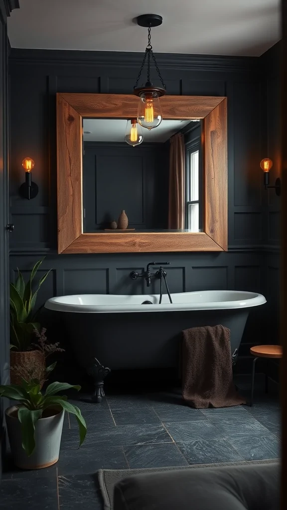 Moody rustic farmhouse bathroom featuring a freestanding tub, wooden mirror, plants, and vintage lighting