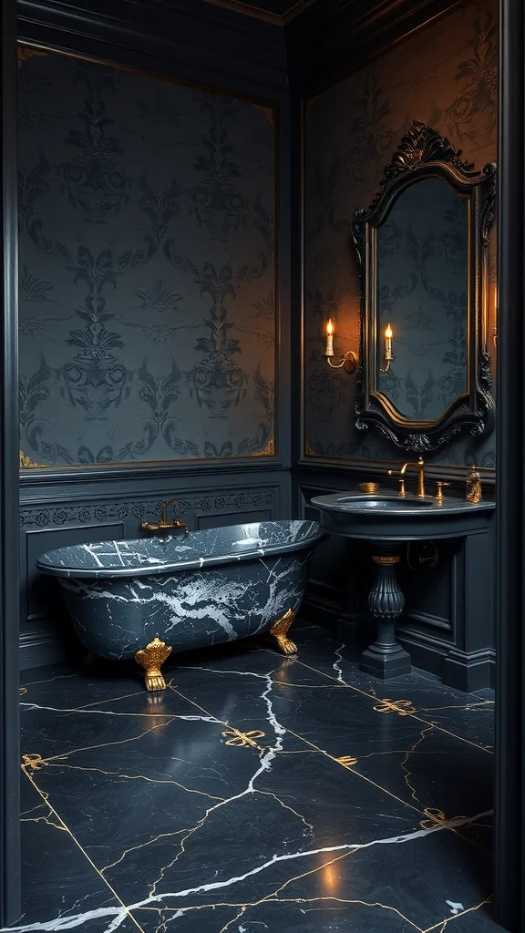 A luxurious neo-classical dark bathroom featuring a black marble bathtub, intricate wallpaper, and golden accents.