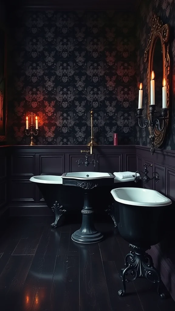 A dark, neo-gothic bathroom featuring black floral wallpaper, ornate fixtures, and freestanding bathtubs.