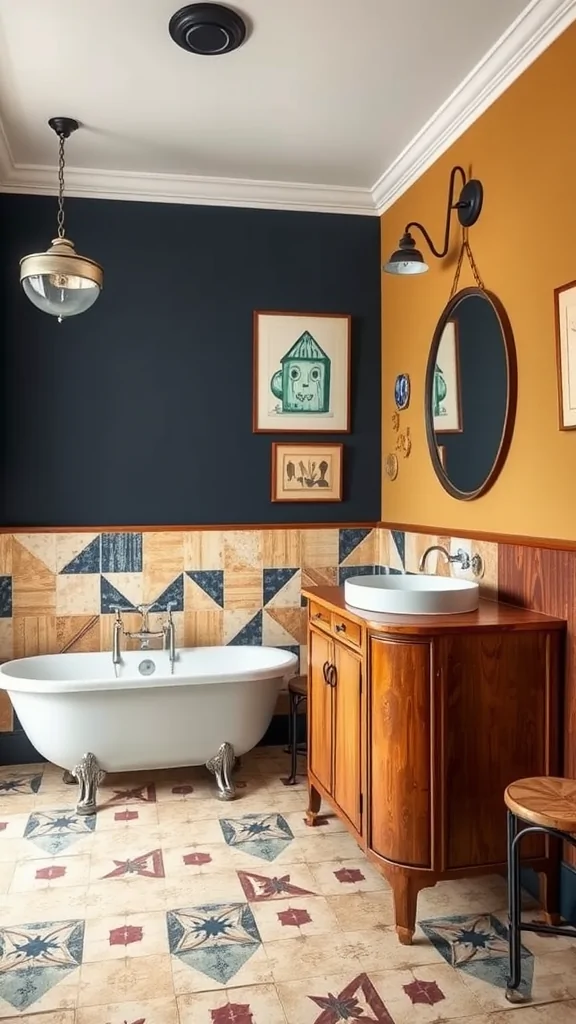 A stylish Parisian bathroom featuring a freestanding tub, patterned tiles, and eclectic decor