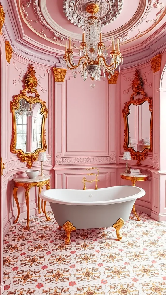 A luxurious Rococo-style bathroom with pink walls, ornate mirrors, and a freestanding bathtub.