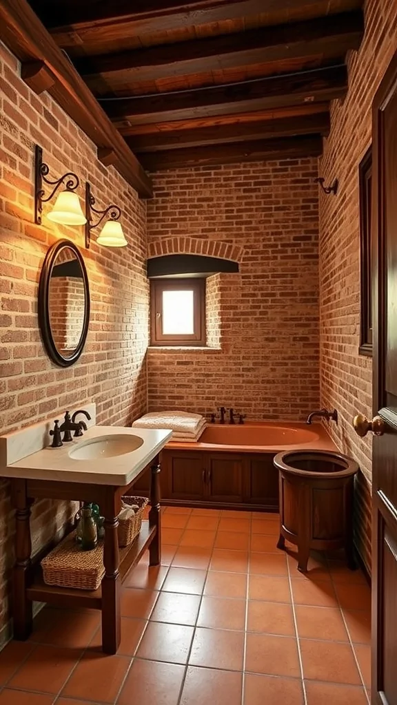 Rustic Italian bathroom featuring exposed brick walls, wooden ceiling beams, a vintage vanity, and a clawfoot tub.