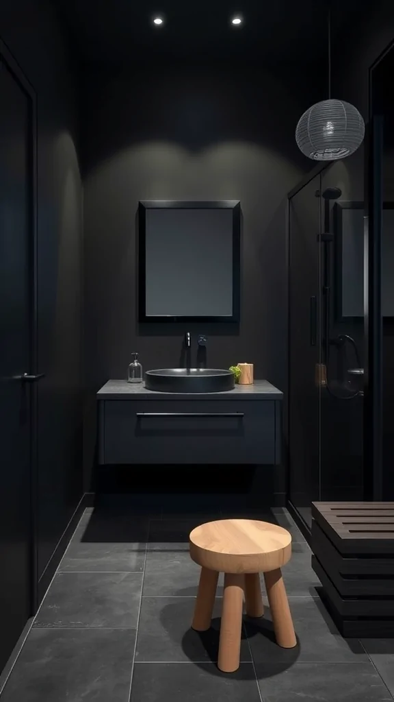 A modern Scandinavian dark bathroom featuring black walls, a round sink, wood stool, and stylish lighting.