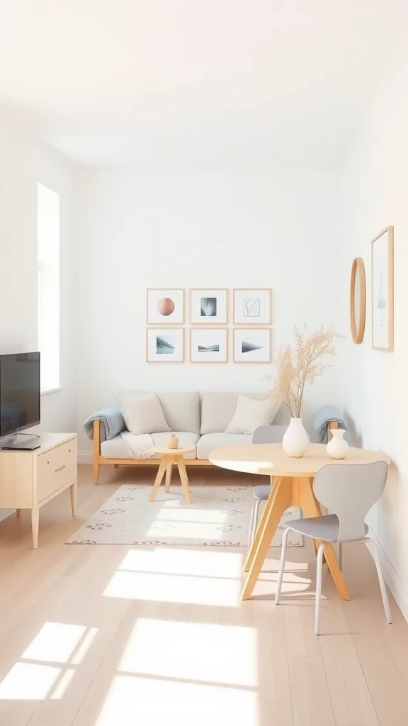 A small living room and dining room combo featuring Scandinavian design elements.