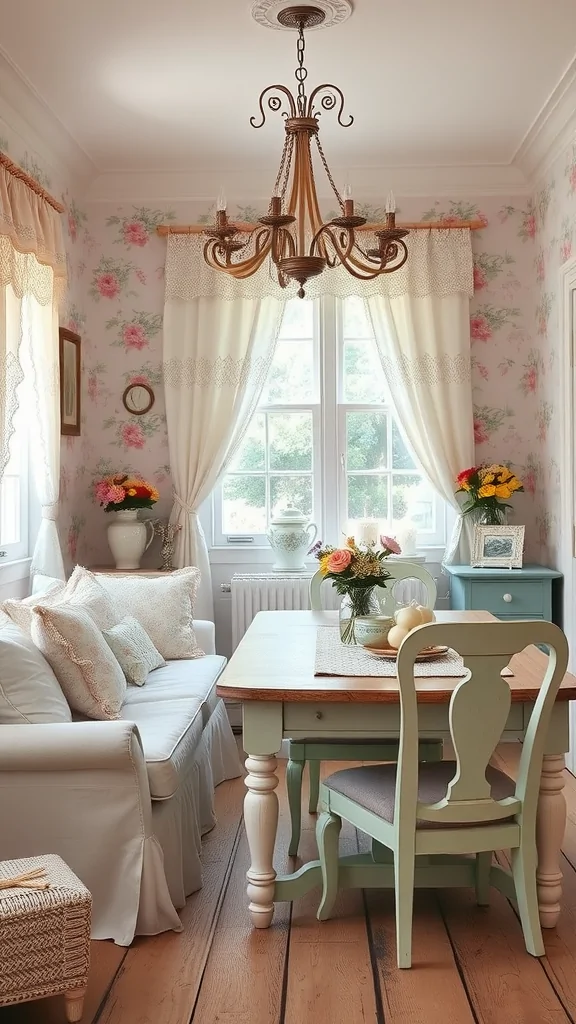 Cozy shabby chic living room and dining area with floral wallpaper and pastel furniture.