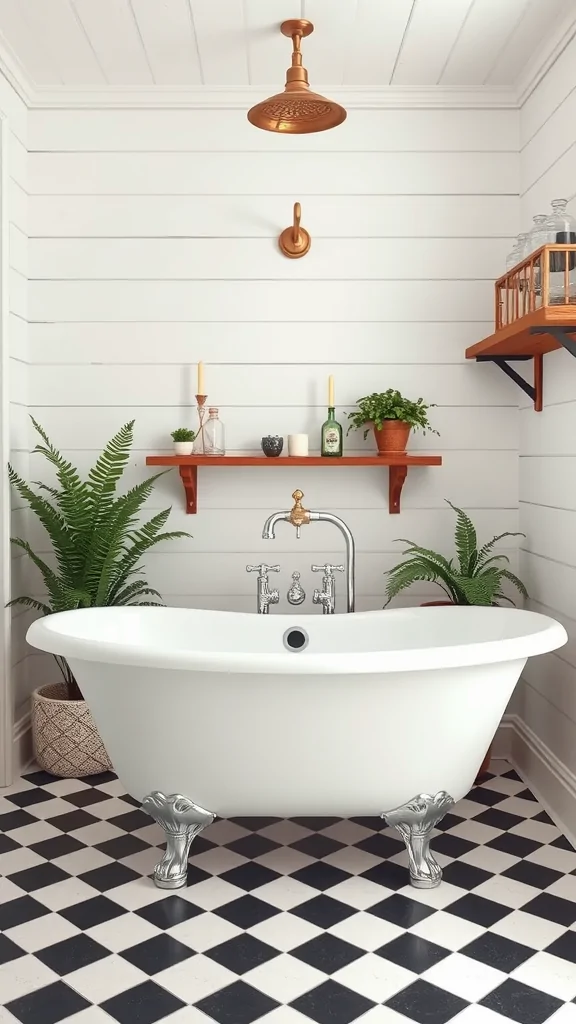A vintage rustic bathroom featuring a white farmhouse bathtub on claw feet, shiplap walls, and a checkered floor, adorned with plants and warm lighting.