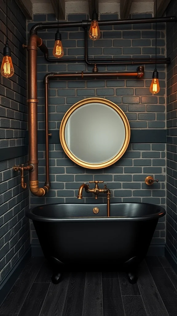 Steampunk industrial bathroom featuring a black tub, copper pipes, and Edison bulbs.