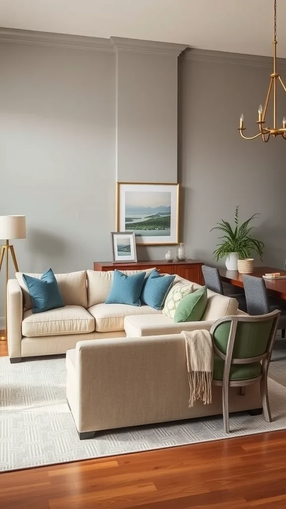 Cozy living room with a sectional sofa, dining area, and warm wooden tones.