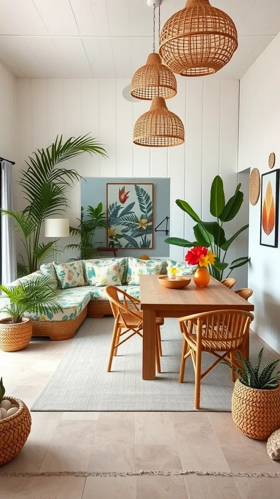 A small living room and dining space featuring tropical decor with a cozy sofa, wooden dining table, and lush plants.