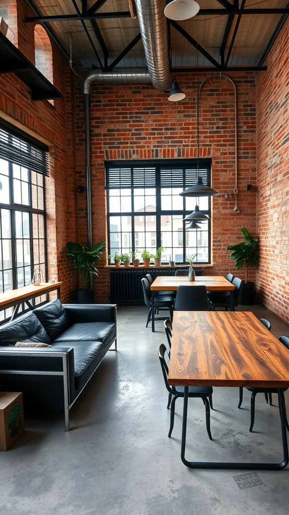 Small living room and dining area with exposed brick walls and industrial decor.