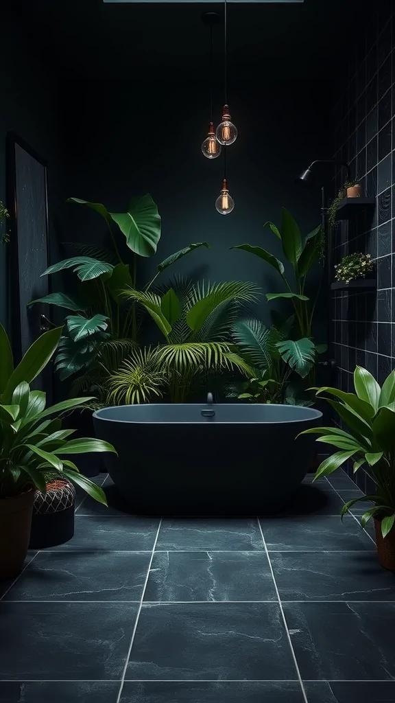 A dark bathroom featuring a freestanding tub surrounded by lush green plants and warm pendant lighting.