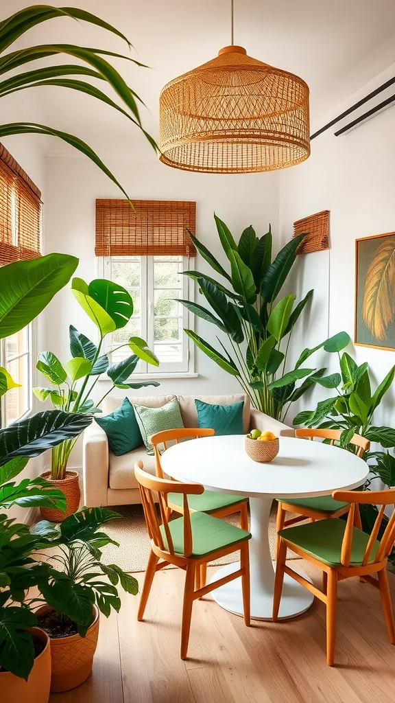 A small living room and dining area with a round table, colorful chairs, and abundant plants creating a cozy atmosphere.