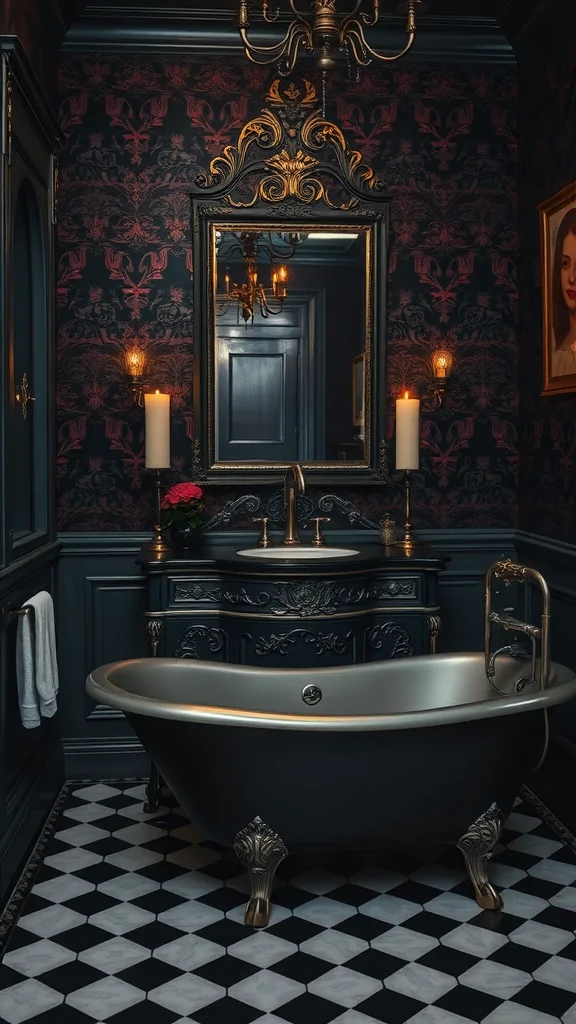 A Victorian Gothic inspired dark bathroom featuring a clawfoot tub, ornate mirror, and dark floral wallpaper.