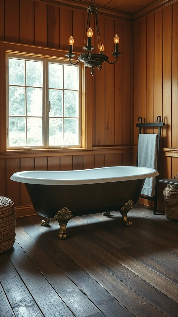 Vintage bathtub with wooden accents in a rustic bathroom setting.