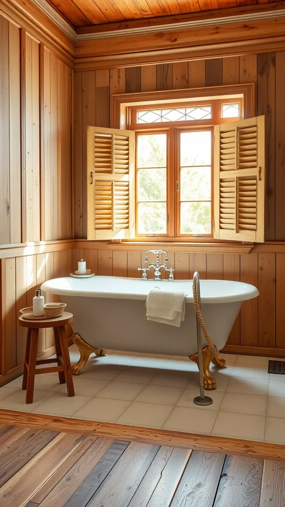 A vintage bathroom featuring a white bathtub with gold feet, wooden paneling, and a spacious window.