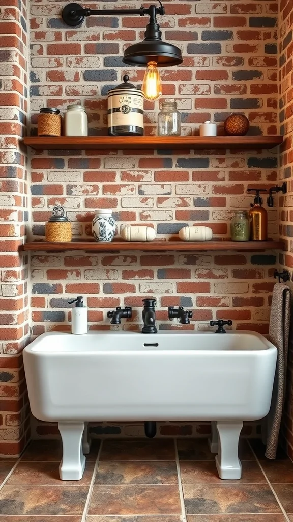 A vintage farm sink with industrial accents, featuring a brick wall and wooden shelves with decorative items.