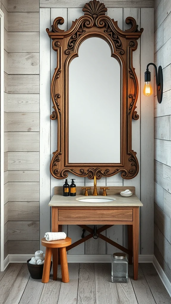 Vintage-style bathroom featuring an ornate mirror and industrial lighting