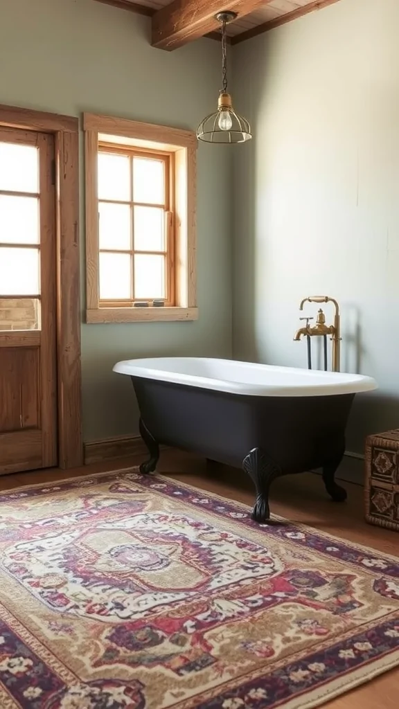 A rustic bathroom featuring a vintage rug with distressed wood elements, a freestanding tub, and wooden door and window frames.