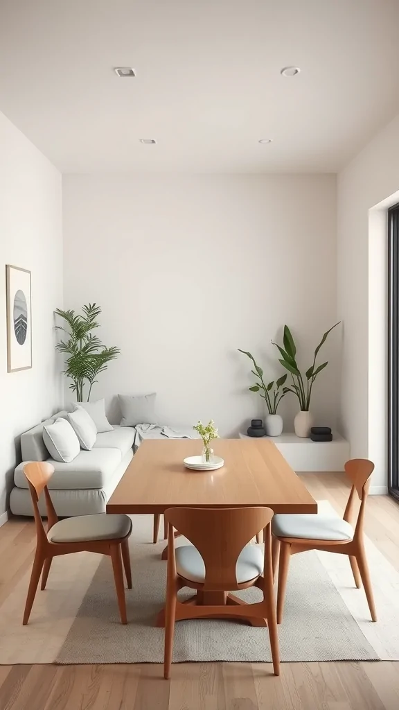 A cozy small living room and dining area with light colors and plants.