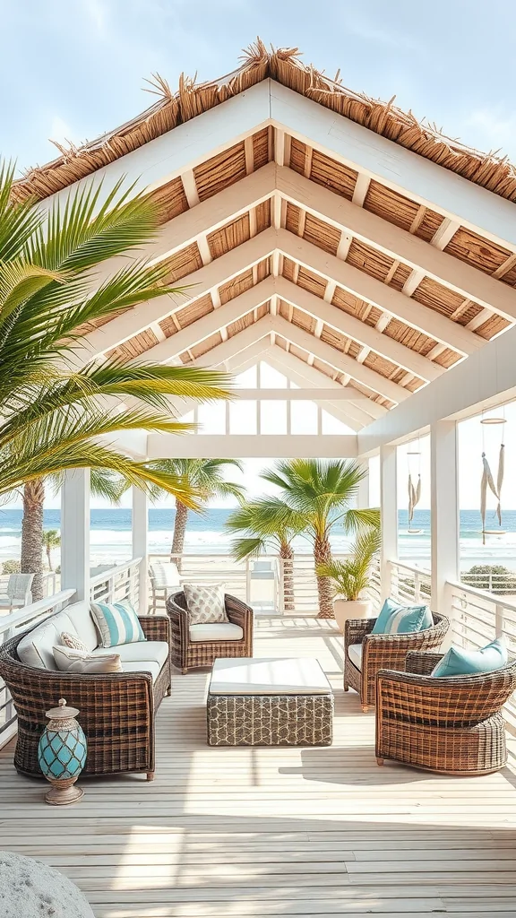 A beautifully designed coastal beachside patio with a thatched roof, comfortable seating, and palm trees.