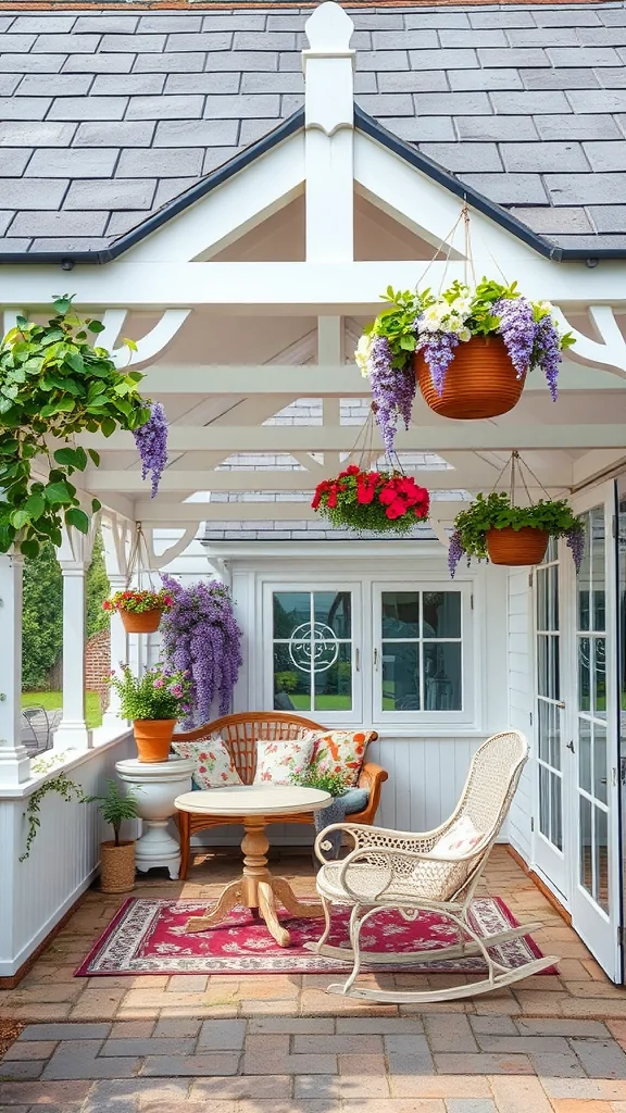 A charming country cottage patio with a roof extension, featuring hanging plants, cozy seating, and vibrant flowers.