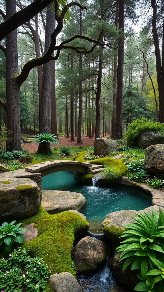A tranquil pool surrounded by trees and rocks, featuring a stone bridge and lush greenery.