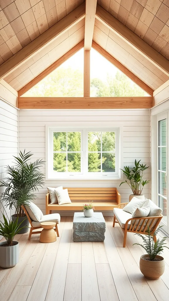 Scandinavian patio with wooden roof, large windows, and plants.