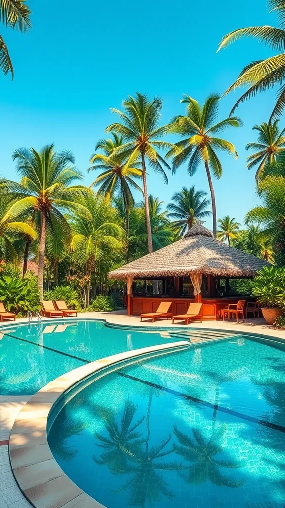 Luxury tropical resort pool with palm trees and a swim-up bar