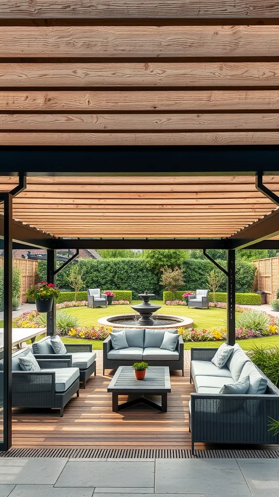 A modern pergola structure with a comfortable seating area beneath it, surrounded by a lush garden.