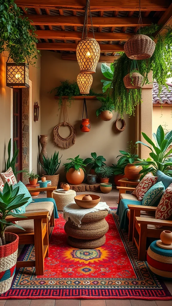 A cozy boho-chic Mexican patio featuring wooden seating, colorful cushions, a patterned rug, plants, and decorative lanterns.