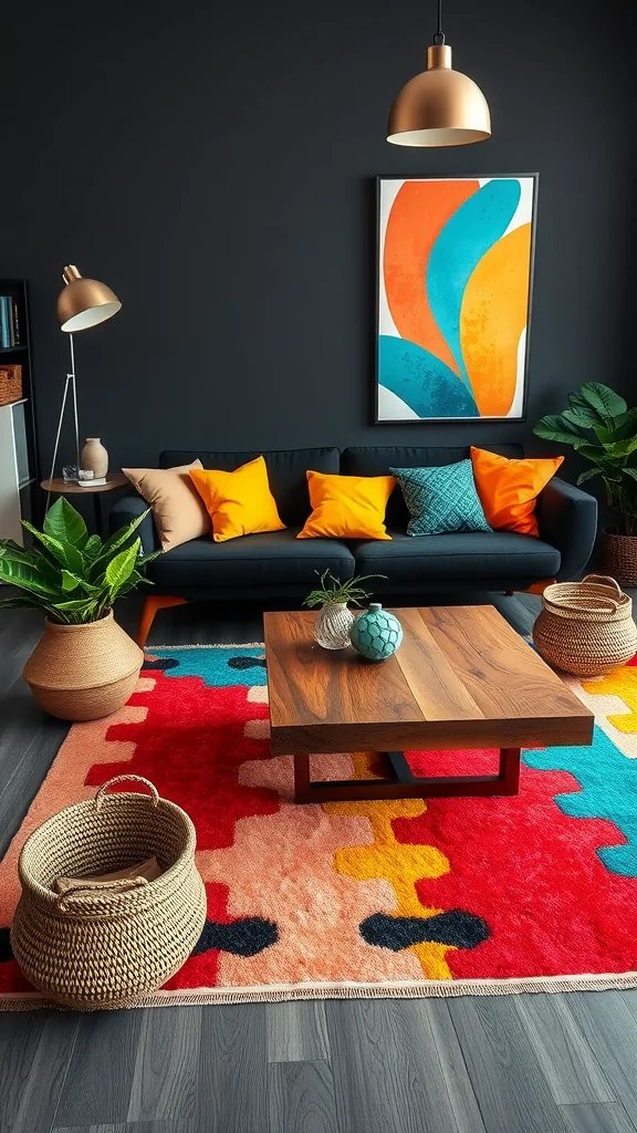 A stylish Boho Mid Century Modern living room with a dark wall, blue sofa, colorful pillows, and a vibrant patterned rug.