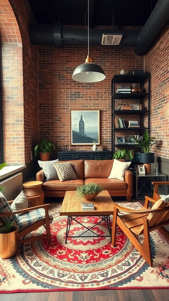 A cozy living room featuring exposed brick walls, a leather sofa, wooden furniture, and colorful decor.