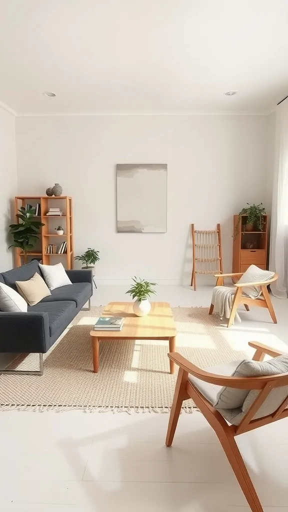 A cozy living room featuring a navy sofa, wooden furniture, a woven rug, and plants in a minimalist design.