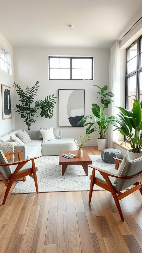 A cozy boho mid-century modern living room with plants, a sectional sofa, and a wooden coffee table.