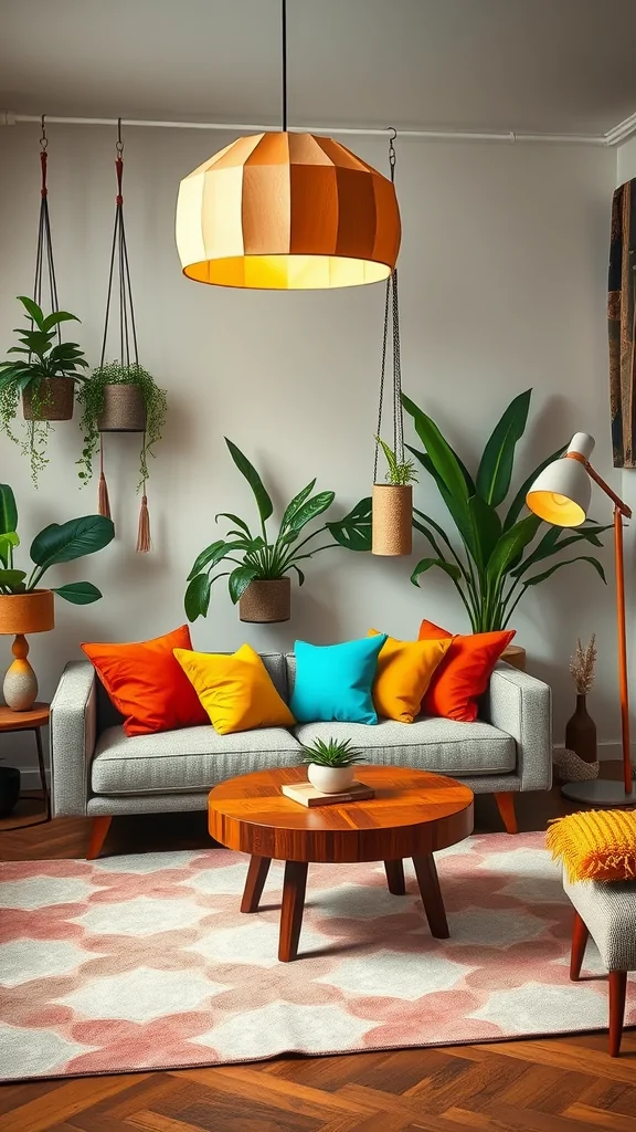 A boho mid-century modern living room featuring a unique pendant light, colorful pillows on a gray couch, hanging plants, and a wooden coffee table.