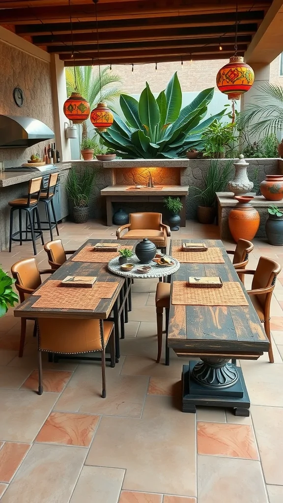 A chic Mexican patio with an outdoor kitchen, featuring a large wooden dining table, comfortable chairs, colorful lanterns, and lush greenery.