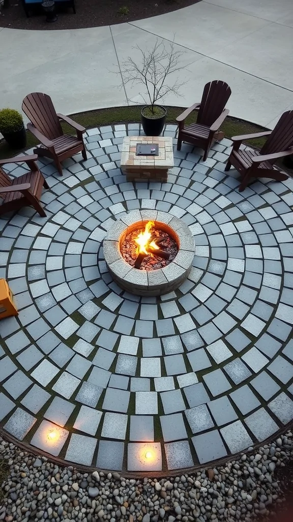 Circular paver patio with a central firepit surrounded by Adirondack chairs and soft lighting.