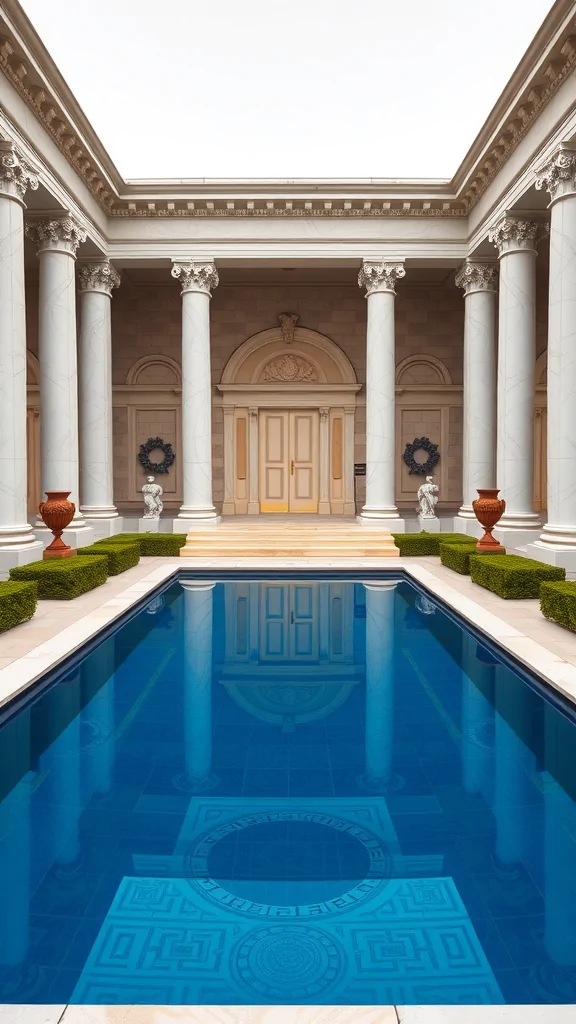 A classic Roman pool with elegant columns, blue water, and surrounding greenery.